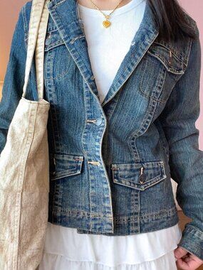 y2k, vintage-inspired, dark wash denim jacket